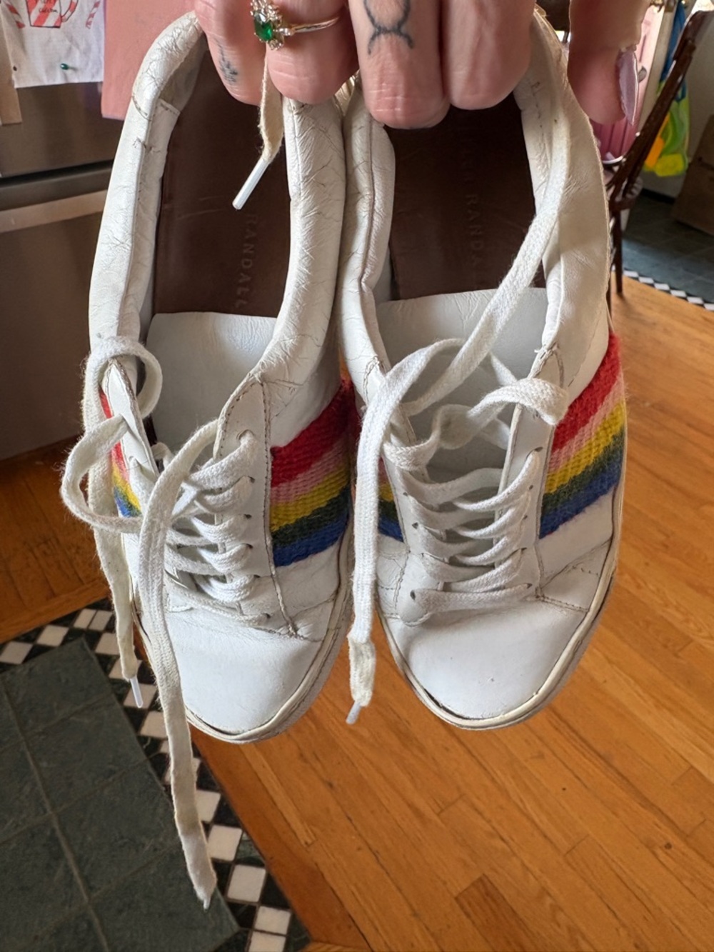 Loeffler Randall White Leather Sneakers with Rainbow Stripe